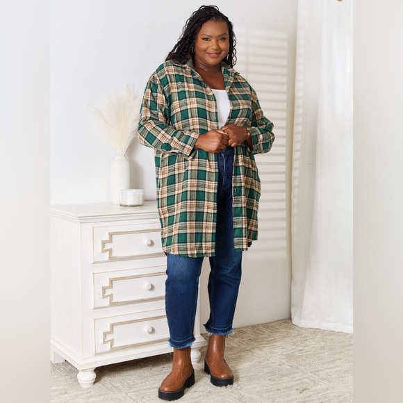 Double Take Plaid Collared Neck Long Sleeve Shirt - Picture 7 of 8